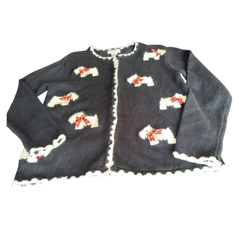 TALBOTS SWEATER CARDIGAN BLACK WHITE DOG WESTIE SCOTTISH TERRIER SIZE SP PETITE - Picture 7 of 15